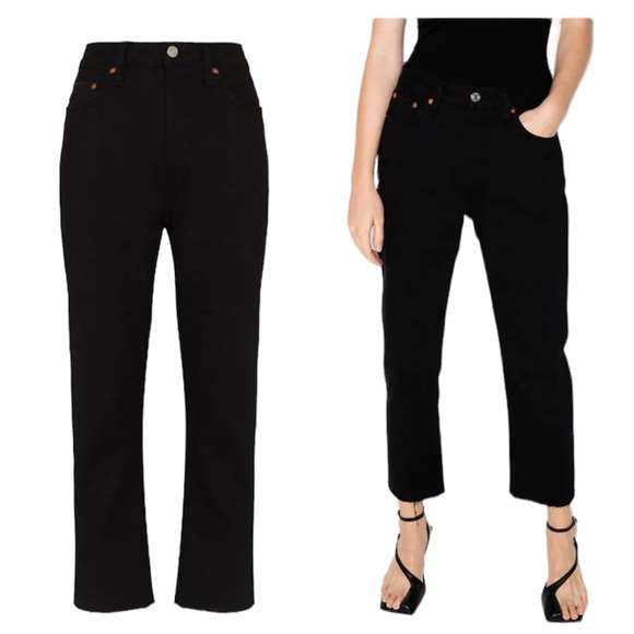 Re/Done Denim - RE/DONE Black Noir Stove Pipe High Rise Cropped Raw Hem Cotton Jeans 27